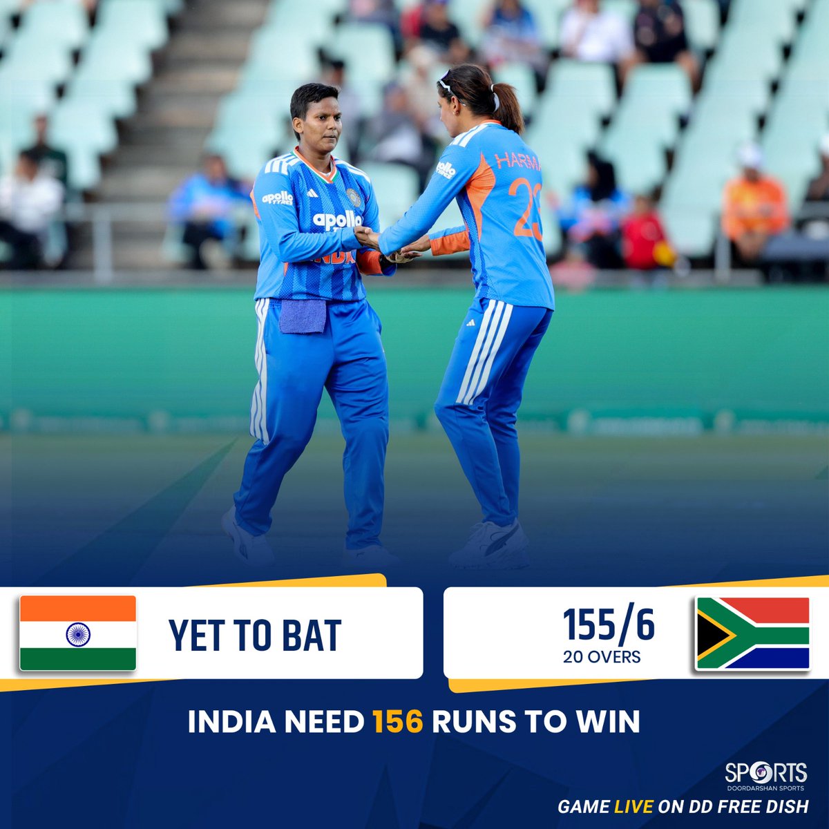 ddsportschannel's tweet photo. South Africa sets a 156-run target for India to win the 5th T20I.
Can #WomenInBlue turn things around and sign off the series with a win?
#INDvSA #WomensCricket #T20I #MatchDay #FinalClash
@ICC @BCCIWomen https://t.co/kwIuRfH3o3