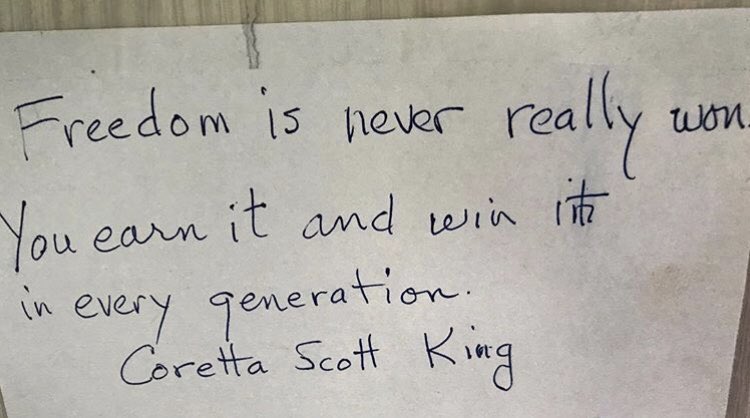 Born 99 years ago today, Coretta Scott King was a civil rights and equality champion, and the wife of Dr. Martin Luther King, Jr.

Many years ago, I wrote her wise words on a piece of paper and taped it inside a cabinet in my home.

Remembering her today.