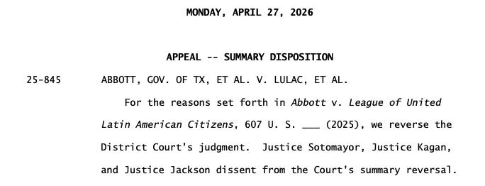 mcpli's tweet image. NEW: The Supreme Court has summarily reversed the 3-judge trial court's decision striking down Texas' mid-decade congressional map (the court had previously stayed the decision). The three liberal justices dissent. #txlege