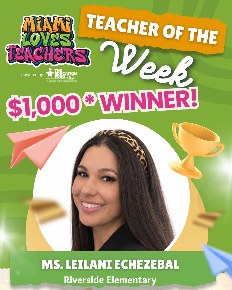 EducationFund's tweet image. Congrats to Leilani Echezebal of Riverside Elementary, our newest #MiamiLovesTeachers Teacher of the Week. She wins $1K via @DonorsChoose. Thanks to @CFPExtraYard, @OrangeBowl &amp;amp; @MDCPS
Nominate a teacher at miamilovesteachers.org
#2026HostCommittee #MDCPS #TeacherOfTheWeek