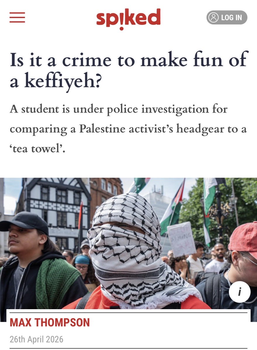 A student could face prosecution by the CPS for calling a keffiyeh a “tea towel”.

This is the reality of free speech in the UK — particularly in higher education.

It will get worse as universities enforce the de facto Islamic blasphemy code.

My piece in <a href="/spikedonline/">spiked</a>👇