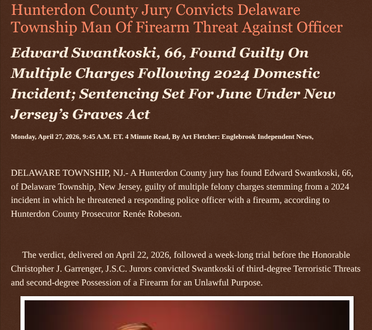 ArtFletcher9's tweet photo. Hunterdon County Jury Convicts Delaware Township Man Of Firearm Threat Against Officer https://t.co/4MHCfCRnvG via @Englebrooknews #NewJersey #CrimeNews #HunterdonCountyNJ #DelawareTownshipNJ #GuiltyVerdict #Terroristic #Threats #weapons #charge #threat #policeofficer @wireless_step @HRG_Media @LodiNJNews @fordmb1 @SarahGeving1 @Shannon96574094 @Daytobehappy @janninereid1 @KathyKbrose @RobGerundo @JimBobW49