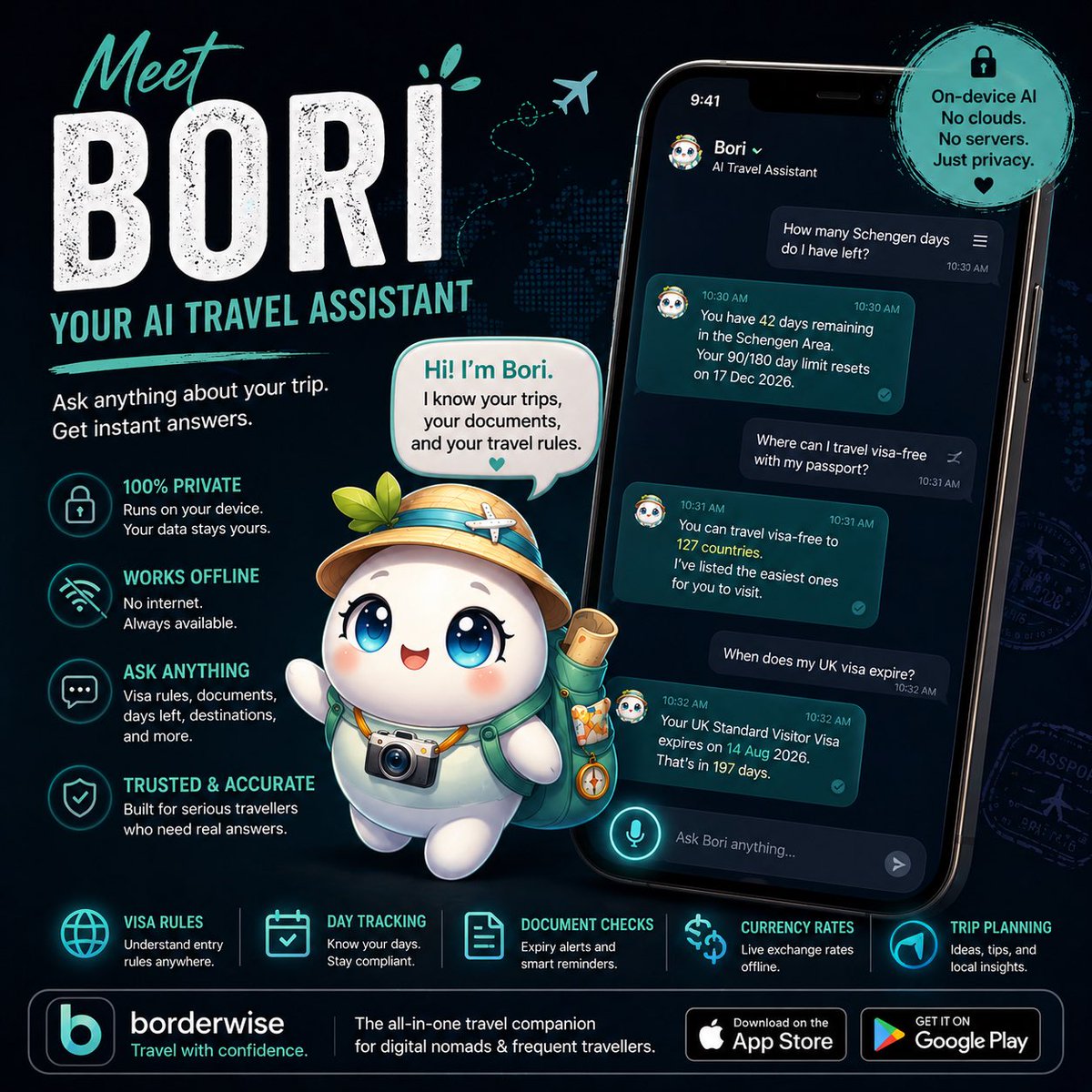LiveYourLifeLTD's tweet image. Meet Bori — your personal travel assistant.
No internet. No subscriptions. No data leaving your phone.Ask:✈️ “How many Schengen days do I have left?”🌍 “Where can I travel visa-free?”📄 “When does my visa expire?”💱 “What’s the exchange rate here?”#aiassistant #travelai #travel
