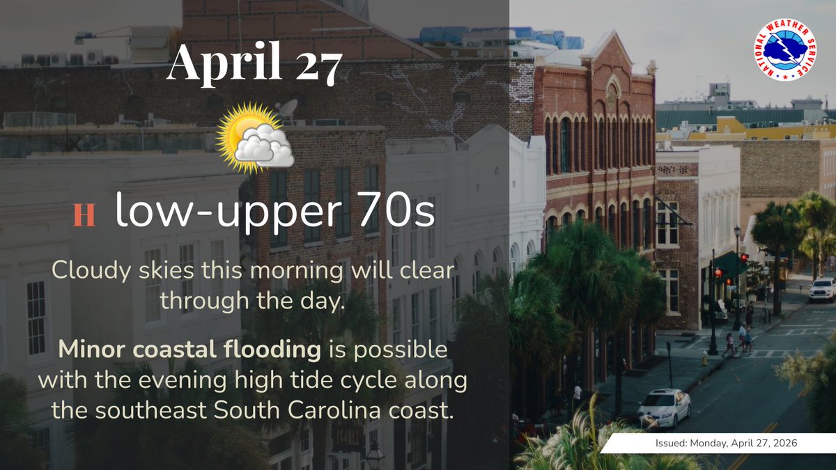 NWSCharlestonSC's tweet image. Cloudy skies this morning will clear through the day.

Minor coastal flooding is possible with the evening high tide cycle along the southeast South Carolina coast. #scwx #gawx