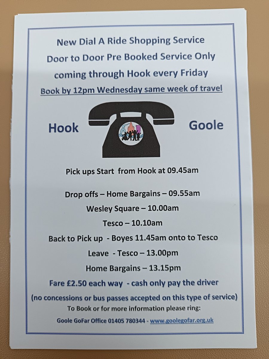 avidgardener72's tweet image. New Friday bus service for Hook Villagers @GooleGoFar
Pre book Only. Ring office to book by  noon   Wednesday. 01405 780344 #eastyorkshire
#supportingourcommunity 🚌