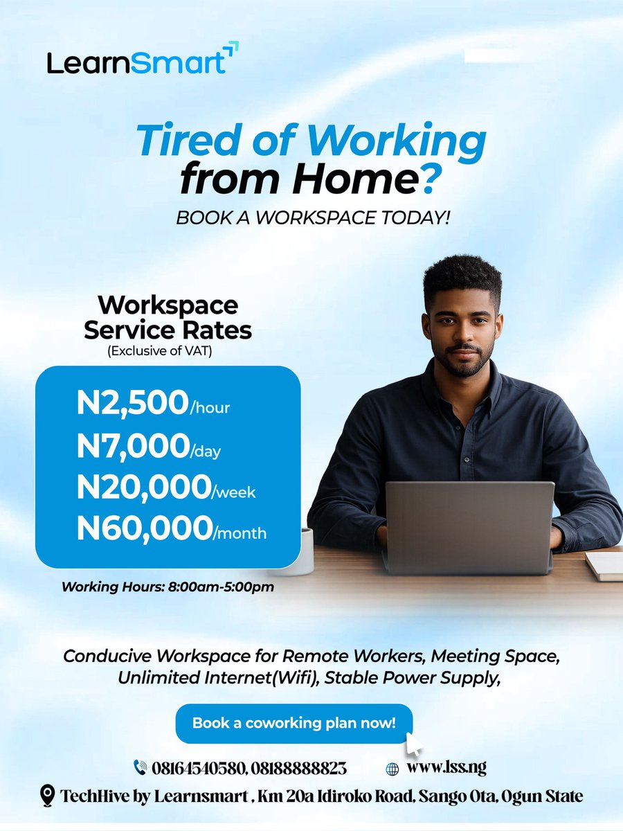 LearnSmartng's tweet image. Elevate your productivity at TechHive by LearnSmart. 

Our perks:
✅ Rates from ₦2,500/hour
✅ Unlimited High-Speed Internet 
✅ Stable Power Supply 
✅ Flexible Hours 

📍TechHive by Learnsmart, Km 20a Idiroko Road, Sango Ota, Ogun State.
🔗 lss.ng

#workspace