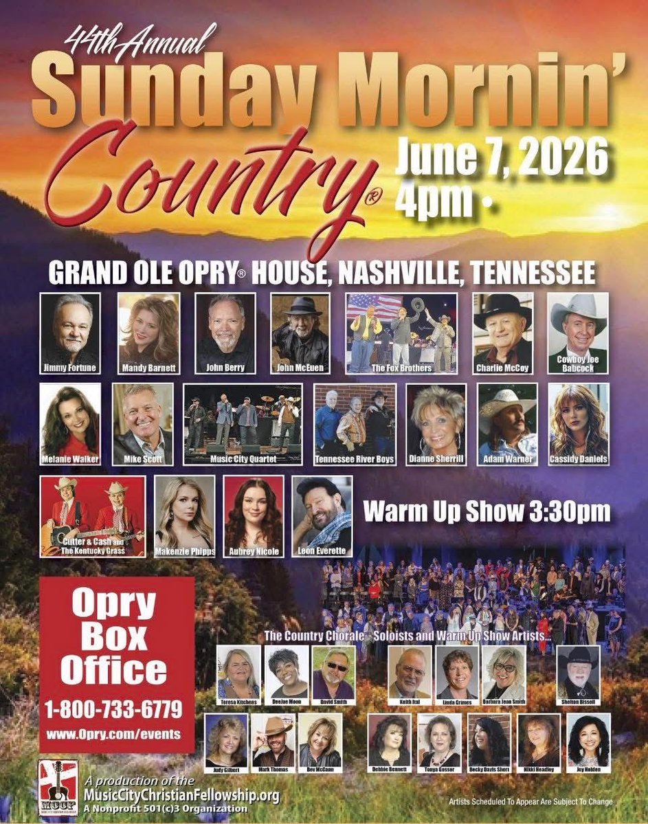 The Music City Christian Fellowship sponsors Sunday Morning Country during CMT Fest each year. I would like to invite you to come and join us for a time of worship and praise.