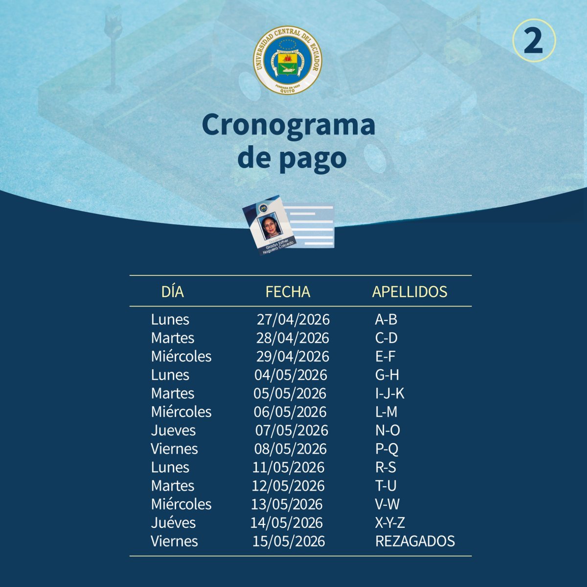 lacentralec's tweet image. #Servicio  | Estacionamiento  #UCE 2026
Disponible el cronograma de pago y requisitos para el servicio de estacionamiento.
📅 Inicio de cobro: 27 de abril 2026
💵 Valor: USD 40,00 anuales + IVA
🧾 Pago organizado por apellidos
🔎 Revise el cronograma y requisitos 👇