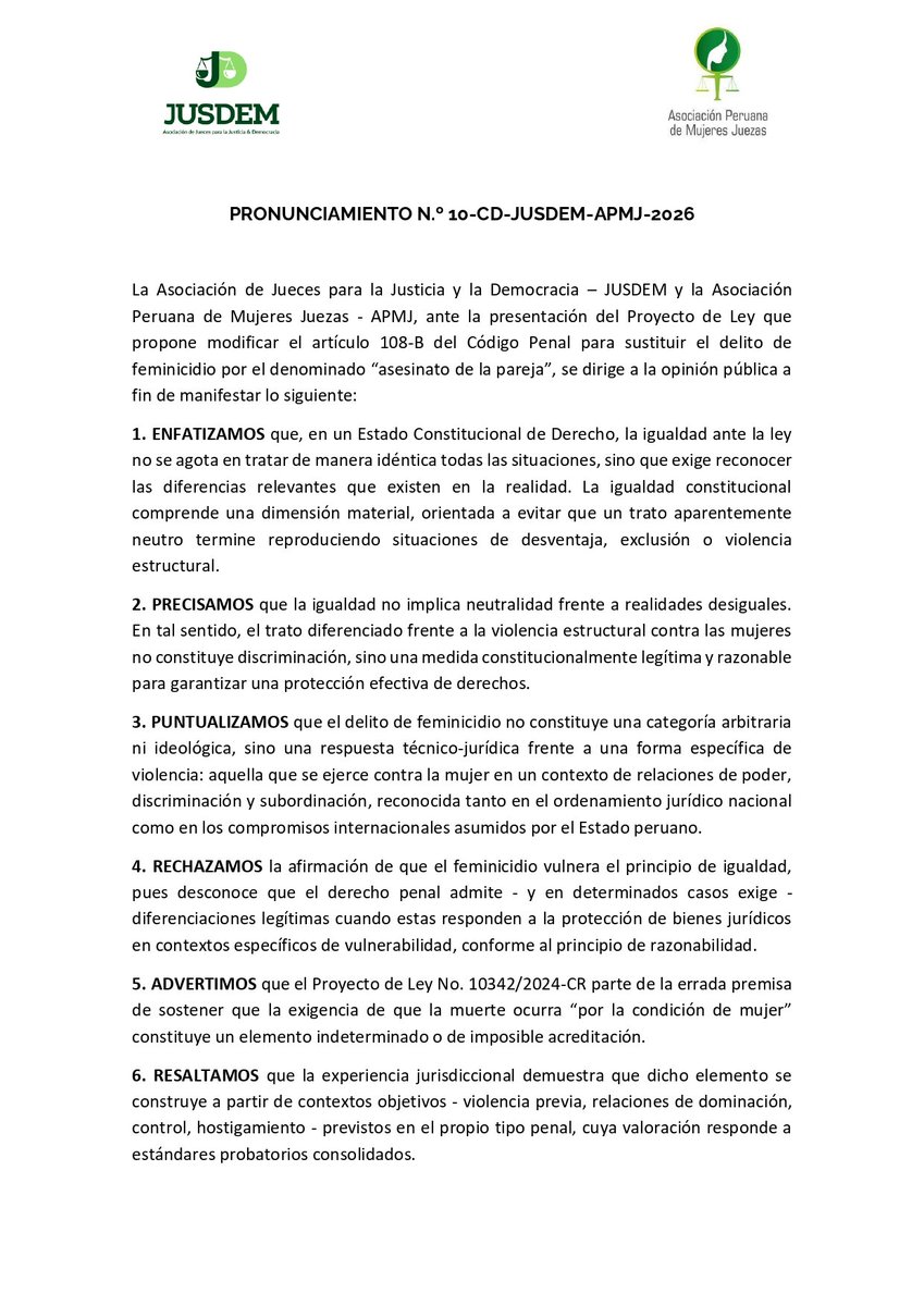 Apmjperu's tweet photo. La Asociación de Jueces para la Justicia y la Democracia – JUSDEM y la Asociación Peruana de Mujeres Juezas - APMJ, ante la presentación del Proyecto de Ley que propone modificar el artículo 108-B del Código Penal, se dirige a la opinión pública a fin de manifestar lo siguiente: https://t.co/jSgc6puPQC