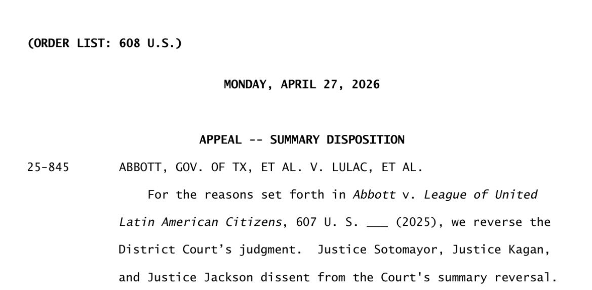 bradj_TX's tweet image. New: SCOTUS has summarily reversed the district court’s judgment against Texas’ redistricted congressional map in an order released this morning. Sotomayor, Kagan, and Jackson dissent. #txlege 
supremecourt.gov/orders/courtor…