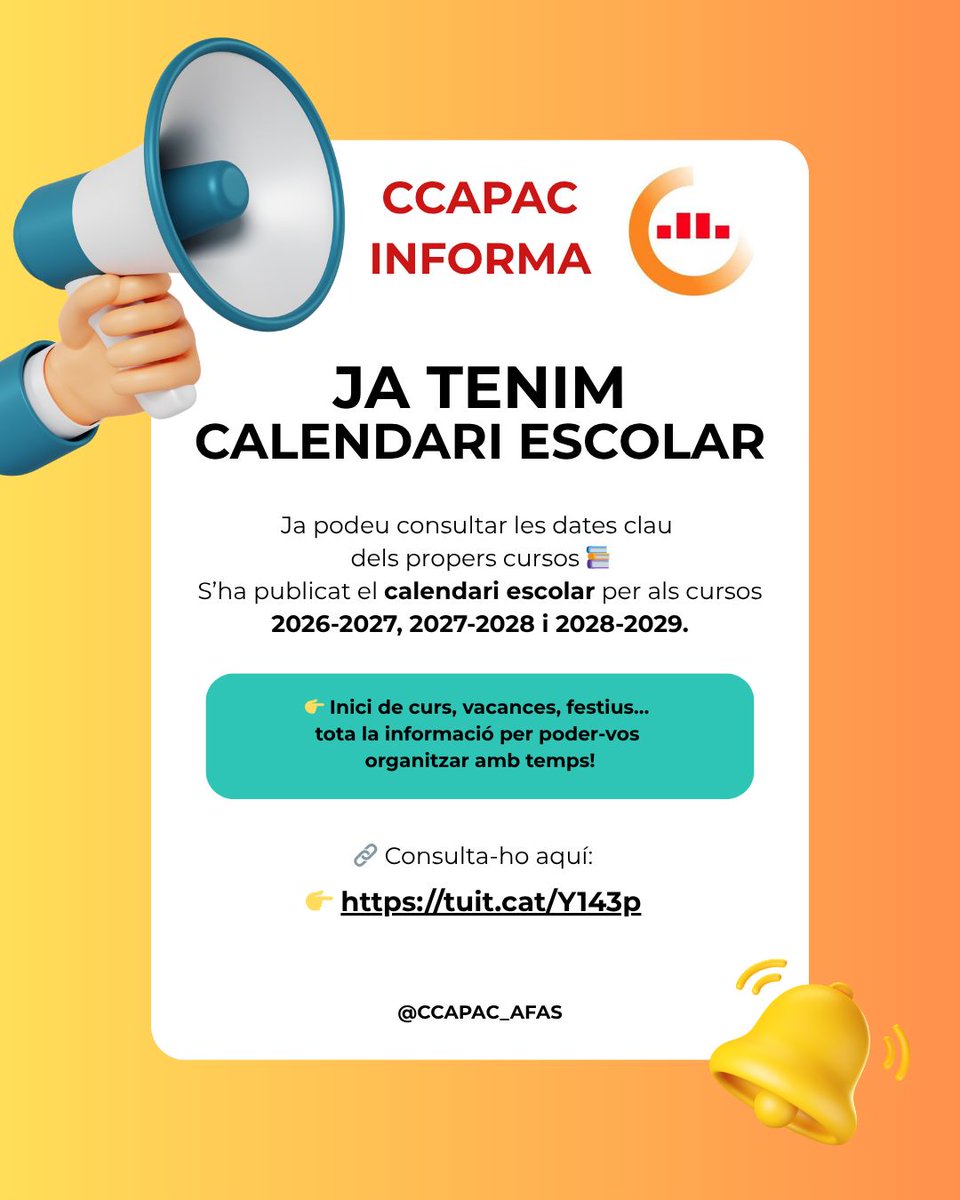 ccapac_afas's tweet photo. 📅 JA TENIM CALENDARI ESCOLAR!
Famílies, ja podeu consultar les dates clau dels propers cursos 📚
S’ha publicat el calendari escolar per als cursos 2026-2027, 2027-2028 i 2028-2029.

🔗 Consulta-ho aquí: https://t.co/UayVQ70gDF https://t.co/q9vfUtw5M4