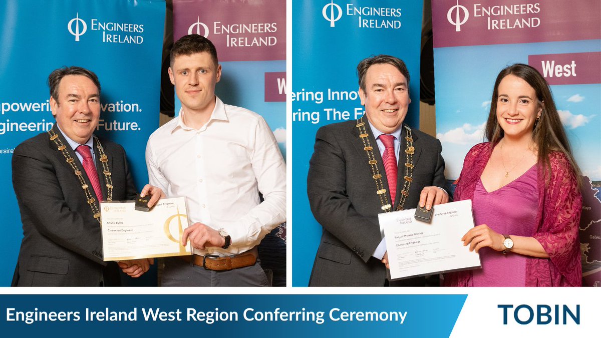 TOBINengineers's tweet photo. We are proud to share that Raquel Moreno Garrido and Shane Byrne, Project Engineers in TOBIN’s Building & Infrastructure division, were both conferred with the title of Chartered Engineer at last week’s Engineers Ireland West Region  Conferring Ceremony.

Achieving Chartered status is a significant professional milestone, reflecting their expertise, commitment, and high standards within the engineering profession.

Congratulations to Raquel and Shane on this fantastic accomplishment - we look forward to seeing their continued success and contributions to our team 👏

#teamTOBIN #Engineering #CharteredEngineer #EngineersIreland