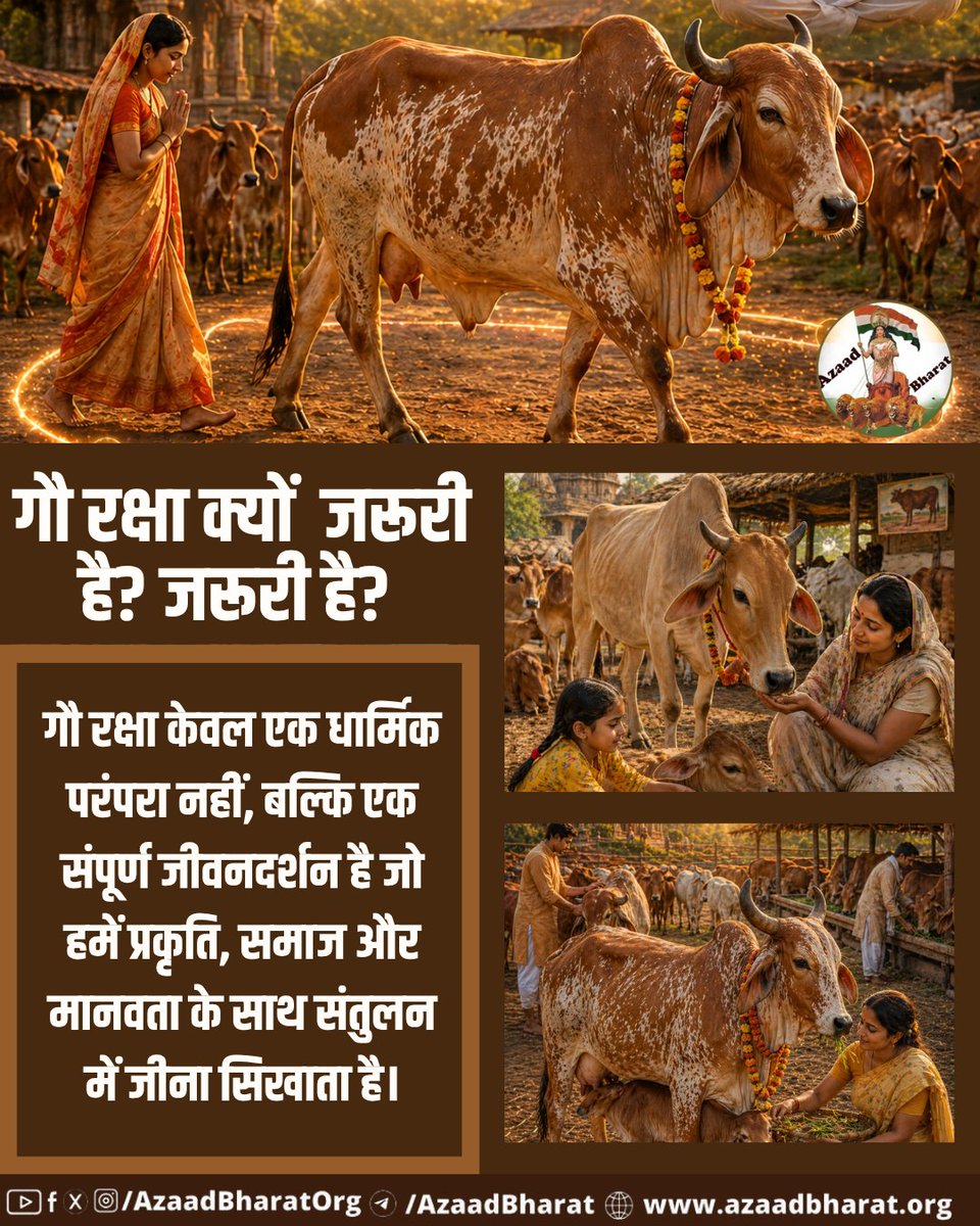 AzaadBharatOrg's tweet image. गौ रक्षा केवल एक धार्मिक परंपरा नहीं, बल्कि एक संपूर्ण जीवनदर्शन है जो हमें प्रकृति, समाज और मानवता के साथ संतुलन में जीना सिखाता है। गौशालाओ में कत्तलखानों से बचाई गई गायों को नया जीवन मिलता है, और वृद्ध व बीमार गायों को सम्मानपूर्वक आश्रय मिलता है। azaadbharat.org/?p=14384