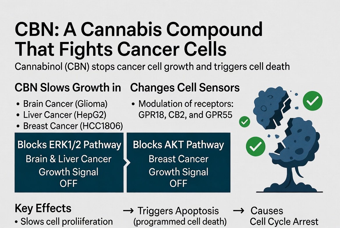 Cannabinoid, CBN, stops cancer cells from growing and makes them commit suicide!

CBN slowed down the growth and multiplication of all three types of cancer cells - brain, liver and breast!

Effect on cell sensors: CBN changed the amounts of certain “receptors” on the cancer