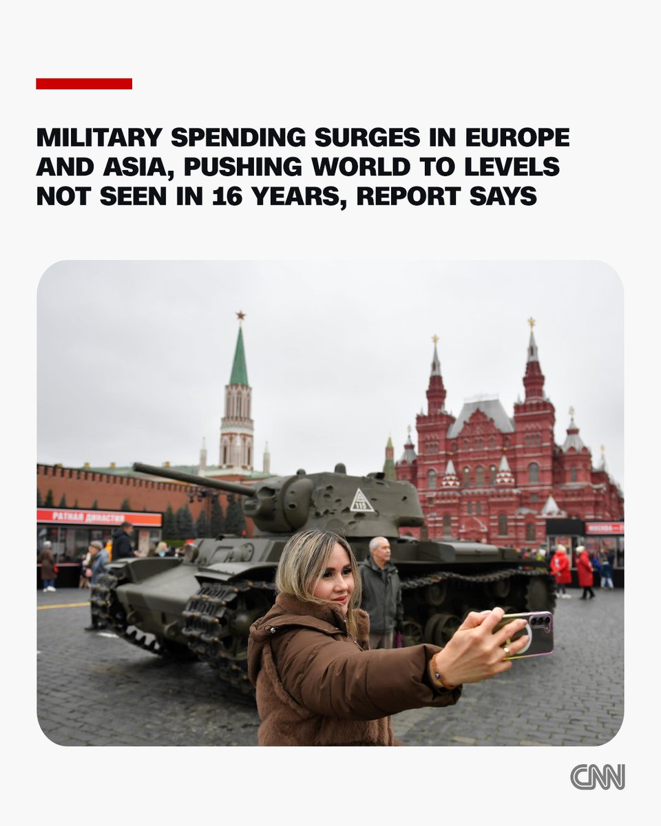 cnni's tweet photo. Global military spending surged by almost 3% in 2025, fueled largely by ballooning defense expenditures in Europe and Asia, according to a report released by a respected arms watchdog group.
https://t.co/fGO6VguFDY https://t.co/IVqJZJZoGb