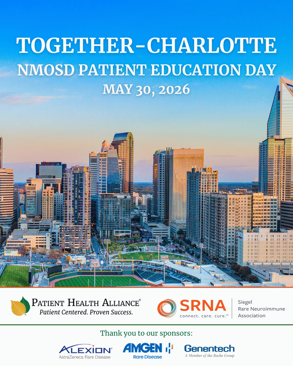 NMOSD_PHA's tweet photo. Join us! Patient Health Alliance (formerly Guthy-Jackson Charitable Foundation) in collaboration with @wearesrna welcomes you to attend Together-Charlotte NMOSD Patient Day, May 30th. 
Questions? Call us at 800-819-7820
Register here: https://t.co/f7yyBSbIsM https://t.co/N5uRgUAXCC