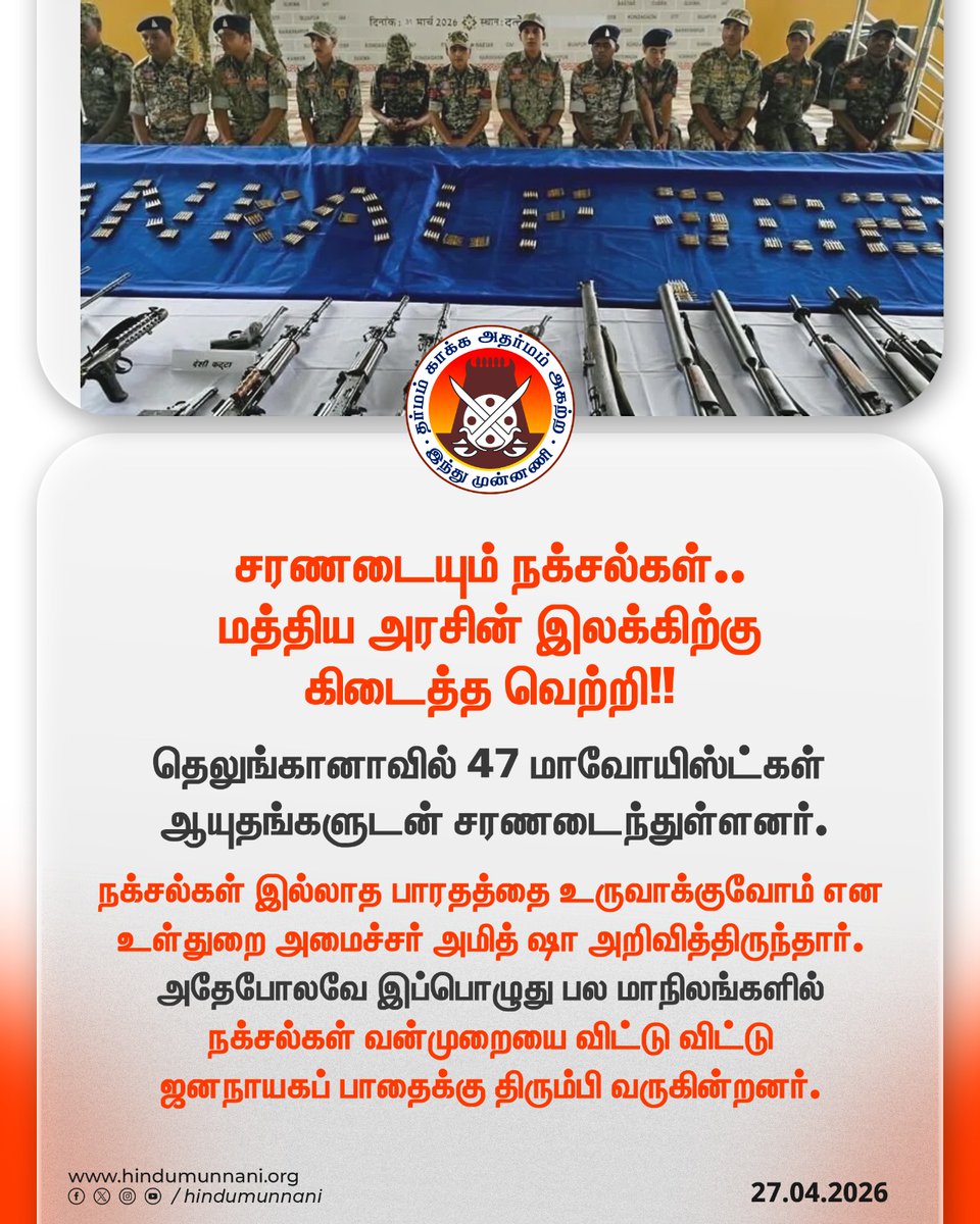 hindumunnani_tn's tweet photo. சரணடையும் நக்சல்கள்
மத்திய அரசின் இலக்கிற்கு கிடைத்த வெற்றி.
விரைவில் நக்சல்கள் இல்லாத பாரதமாக
நம் தேசம் உருவாகும்.
#தெலுங்கானா #naxalaite #mavoist #AmitShah #surender https://t.co/jCUjQhVXzg