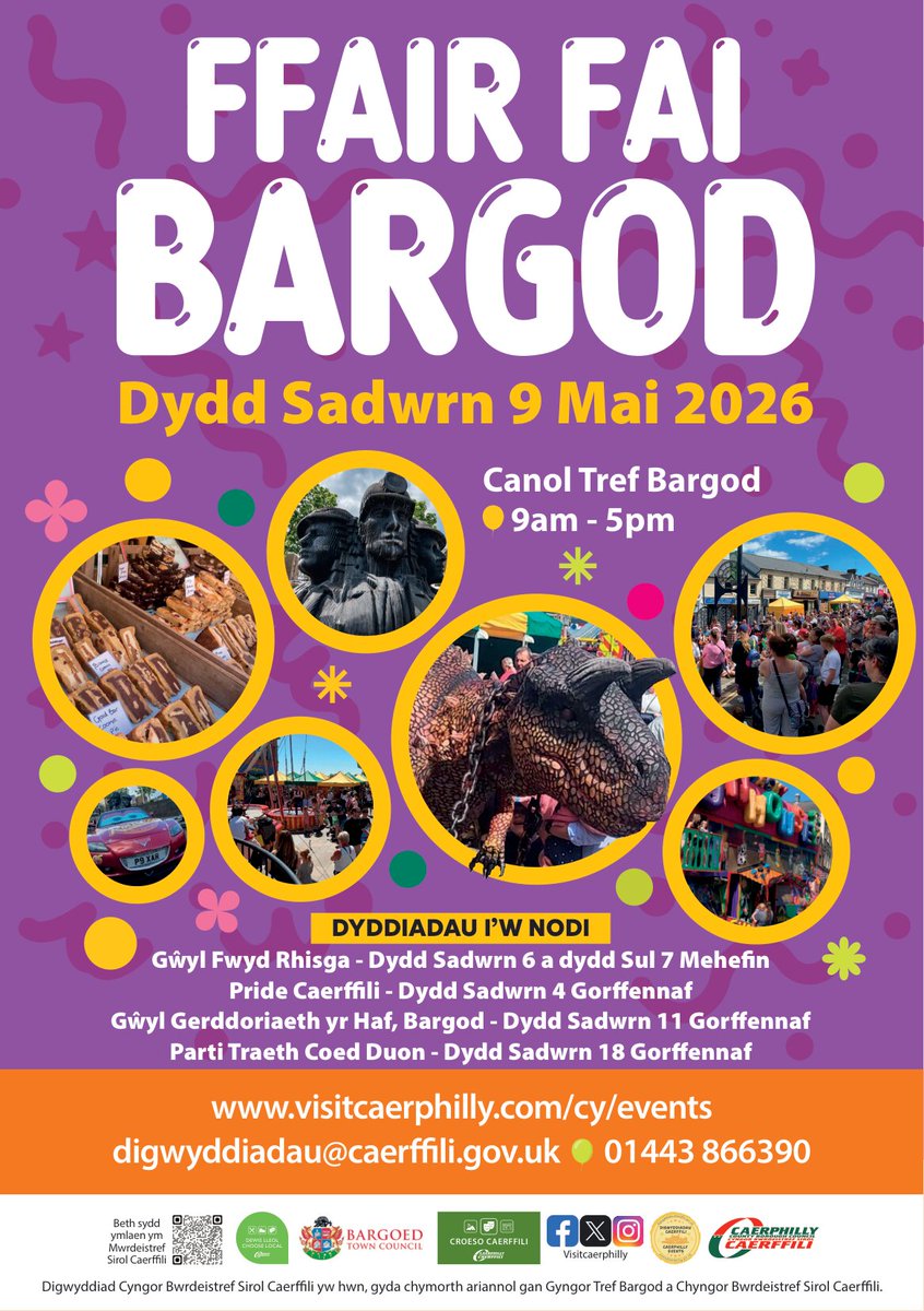 Visitcaerphilly's tweet photo. Ffair Fai Bargod 2026 ☀️

Dewch draw i Fargod am ddiwrnod llawn hwyl a sbri, a chyfle i gefnogi'r dref a busnesau lleol!

🗓 Dydd Sadwrn 9 Mai
⏰ 9am - 5pm
📍 Canol tref Bargod, CF81 8QT
🆓 Mynediad AM DDIM

ℹ️ Ragor o wybodaeth: https://t.co/QWnKgqiOFo https://t.co/25Wwx7fOub
