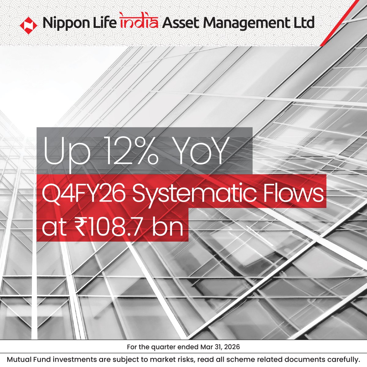 NipponIndiaMF's tweet image. Happy to share #FY26 Financial Results of NAM India.
 
At Rs. 108.7 bn, 12% YoY growth in our Q4FY26 Systematic Flows makes us proud!

#NipponIndiaMutualFund #Investments #MutualFunds #Saving #FinancialGoals