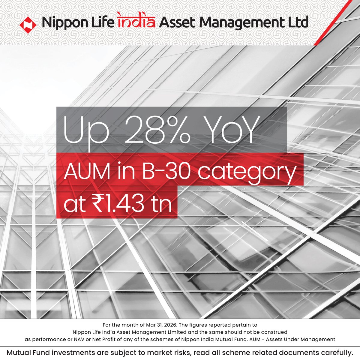 NipponIndiaMF's tweet image. Happy to share #FY26 Financial Results of NAM India.

At Rs. 1.43 tn, 28% YoY growth in our B-30 AUM makes us proud!

#NipponIndiaMutualFund #Investments #MutualFunds #Saving #FinancialGoals