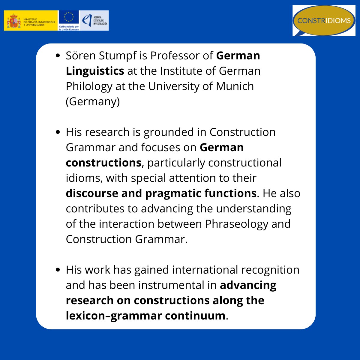 creaconstridiom's tweet photo. Meet the Members of CREA-CONSTRIDIOMS (PID2024-161338OB-I00)   

Today we are delighted to present Dr. Sören Stumpf Professor of German Linguistics at the University of Munich (Germany).  

Find out more about Prof. Stumpf's research:  https://t.co/rVFL6u8fHf https://t.co/7tFFJzhIJ2