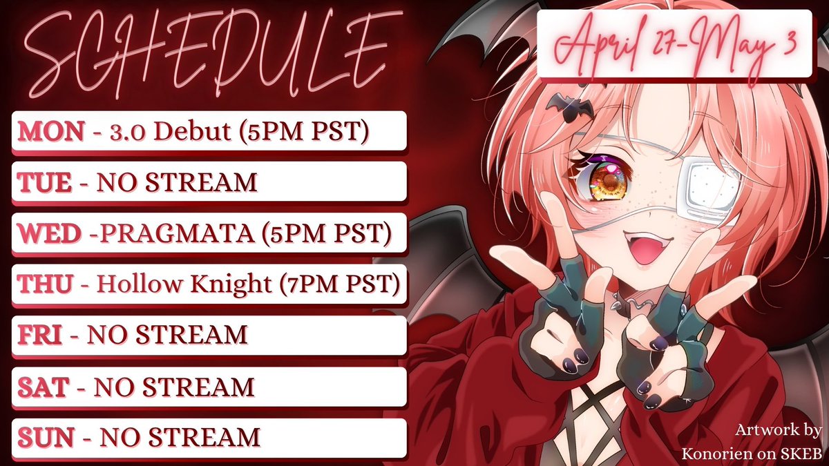 ♥️ HERE’S THE STREAM SCHEDULE!! ♥️
I can’t believe there’s less than 12 hours until I debut my new model…

I did a test stream last night and yet I still feel unprepared somehow.  Maybe it’s just the nervousness, I dunno.

COME WATCH 👀

#Vtuber • #VtuberEN • #VtubersUprising