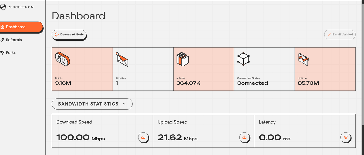 Steady connectivity and zero latency. My Perceptron node is locked in at 100 Mbps, contributing to the network with maximum efficiency. Everything is green on the dashboard!
<a href="/PerceptronNTWK/">Perceptron Network</a> #NodeAndProud