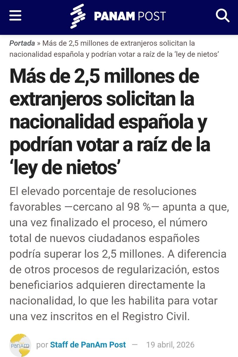 <a href="/EugenioValle64/">𝗗𝗼𝗻 𝗘𝘂𝗴𝗲𝗻𝗶𝗼 🇪🇸</a> 1º Ley de Nietos= 2,5 millones 
2º Repatriación familiar 2,5 millones X4 = 10 millones 
3º Prioridad en vivienda y subvenciones a los extranjeros ilegales
4º Reemplazo y compra de nuevos votantes
5º Con esa suma, Alterar el Censo para que nunca gane la oposición