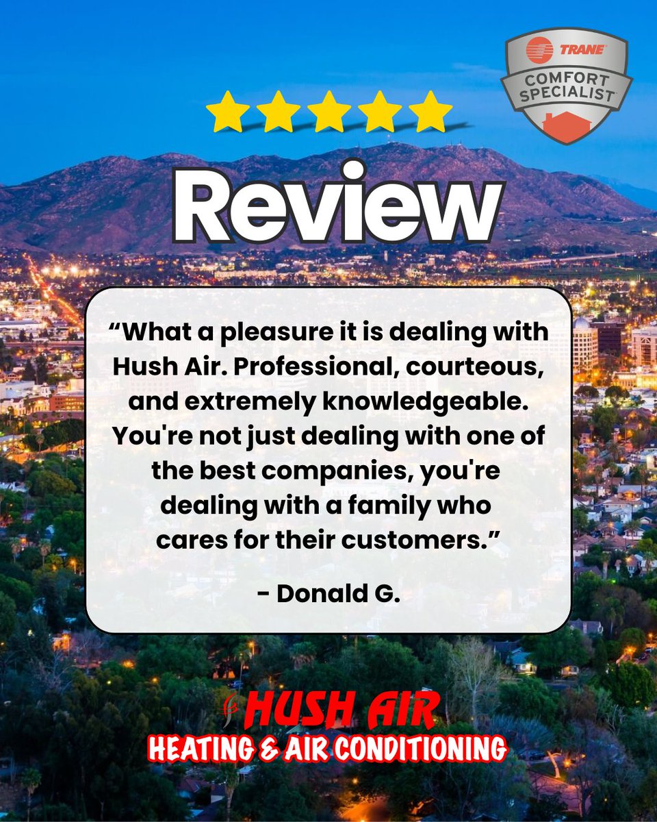 hush_air's tweet image. ⭐ Thank you, Donald, for your kind words. We’re grateful to know your experience with Hush Air reflected the professional, caring, and trustworthy service we work hard to provide in Riverside every day. 💙🏡 #HushAir #RiversideCA #FiveStarReview