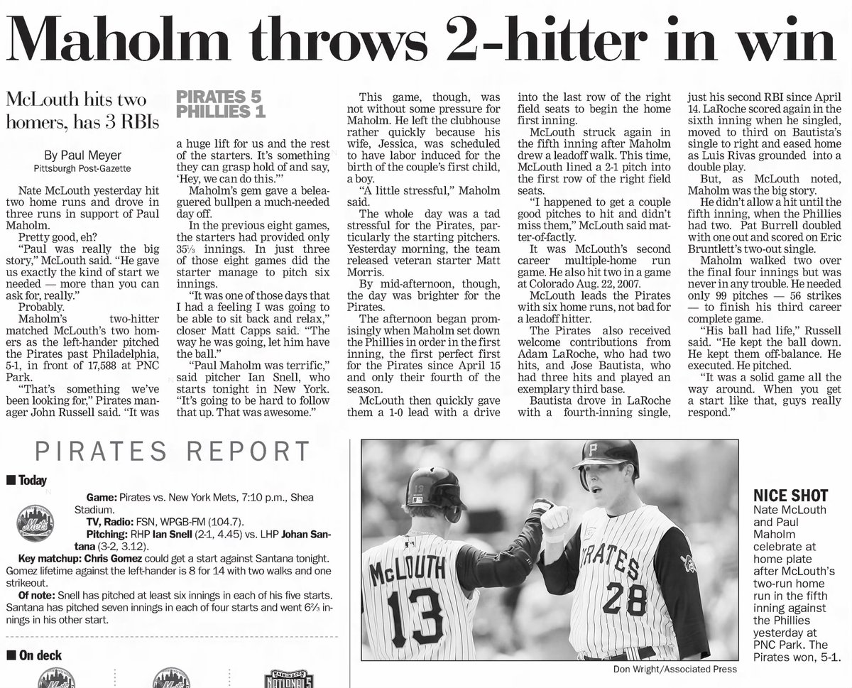 JimmyTrdinich's tweet image. On this date in 2008, Paul Maholm, the all-time wins leader in PNC Park history, tossed a two-hit complete game in a 5-1 win over the Phillies. Leadoff batter Nate McLouth homered twice and had three RBI. #Pirates #25yearsatpncpark