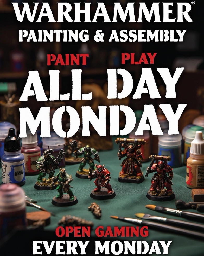 Come in between 2-7 on Mondays for free gathering in our play space. Assemble, paint, play. Warhammer, war games, or other minis/ craft you want to bring. We have warhammer minis samples and army painter paint available if you just want to try it out! Come solo or bring a group!