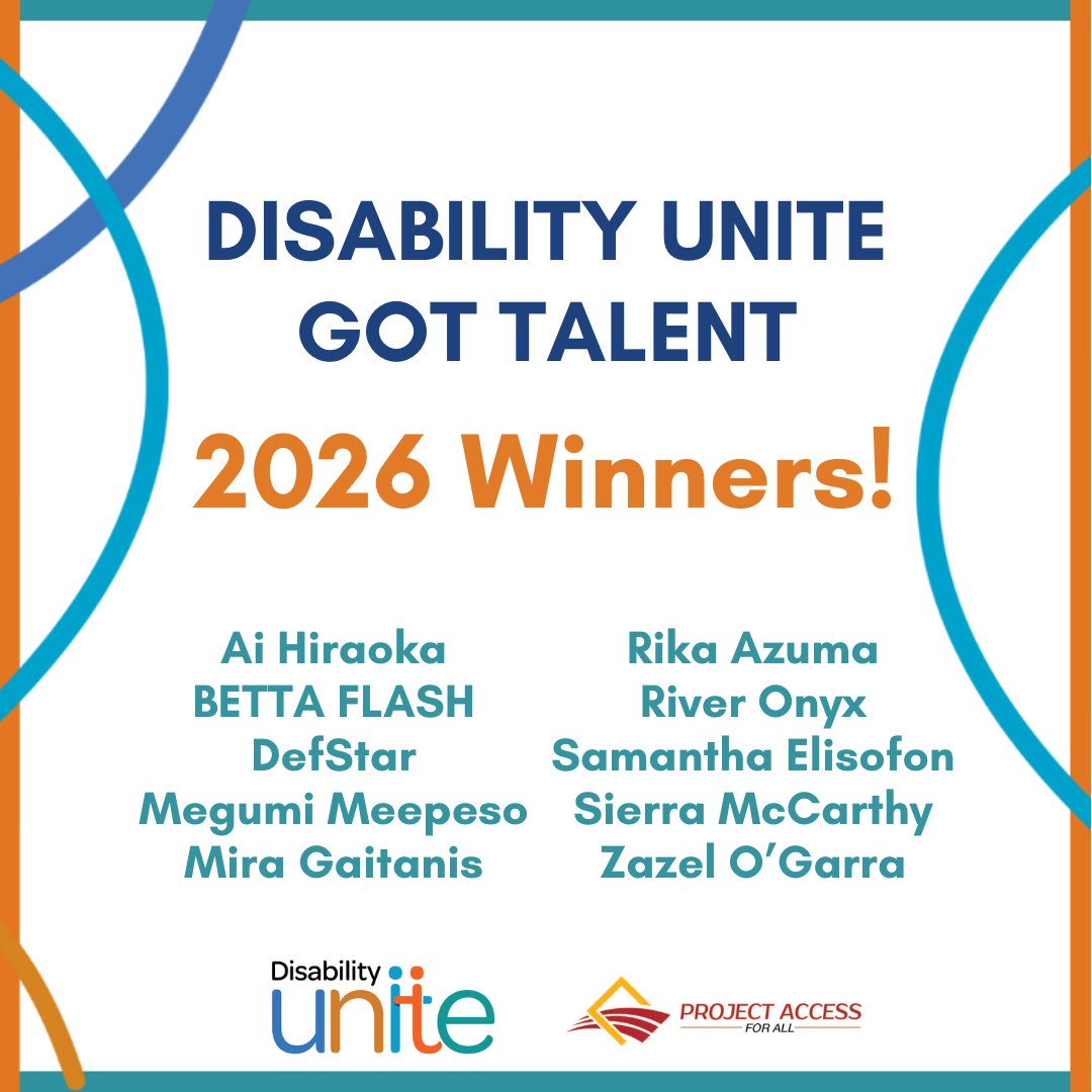 DisabilityUnity's tweet photo. We're proud to announce the winners of the 2026 Disability Unite Got Talent artist contest:

Ai Hiraoka

BETTA FLASH

DefStar

Megumi Meepeso

Mira Gaitanis

Rika Azuma

River Onyx

Samantha Elisofon

Sierra McCarthy

Zazel O'Garra

Congratulations!

Thank you for participating! https://t.co/Do4J3mMgnw