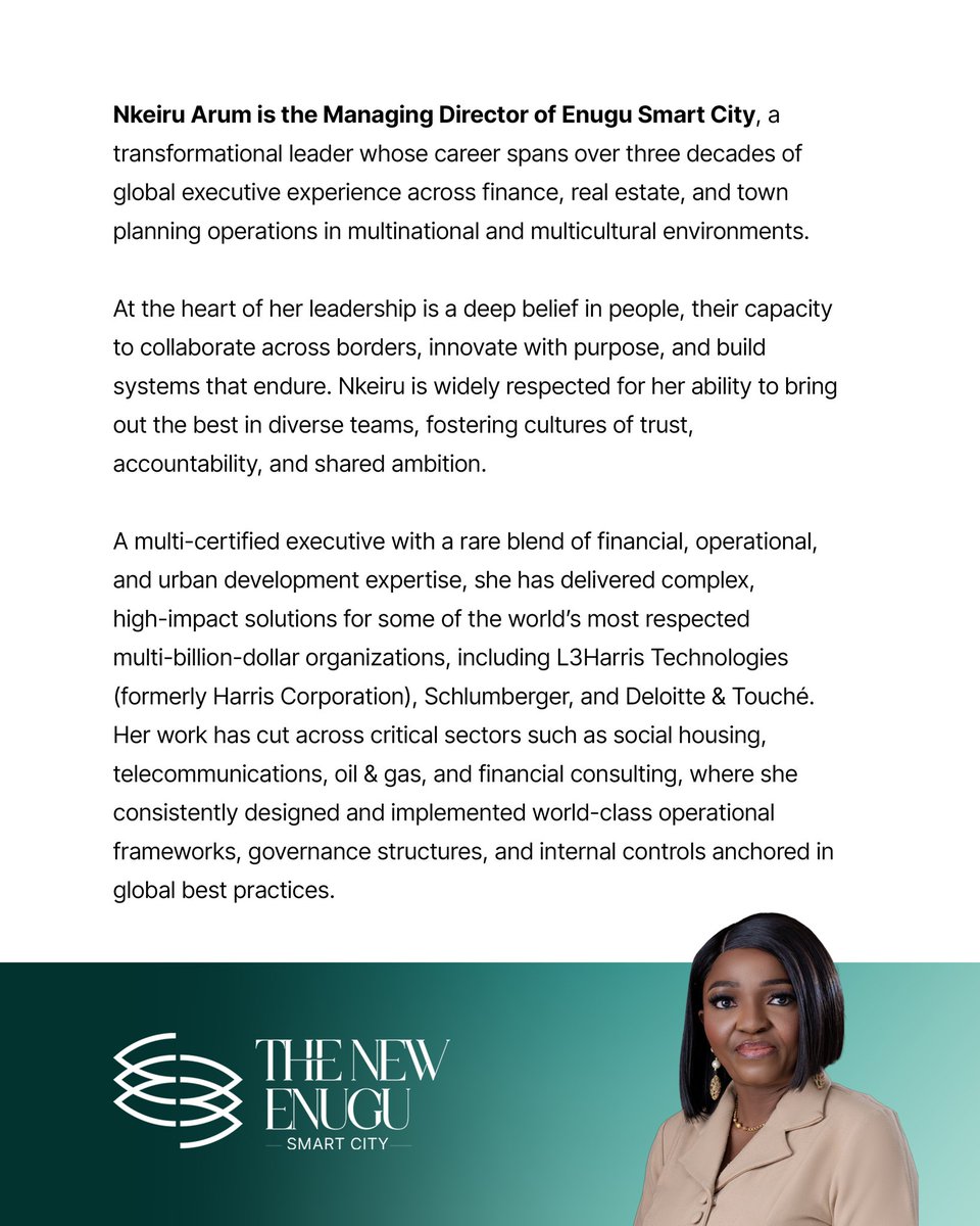 NewEnuguSC's tweet photo. Meet the CEO of New Enugu Smart City.

A bold vision turned into reality  made possible by the leadership of His Excellency Dr Peter Mbah.

The future of urban living is here. A smarter way to live, work, and grow.

This is just the beginning. Are you ready? #NewEnuguSmartCity https://t.co/g9vPbDFIh8