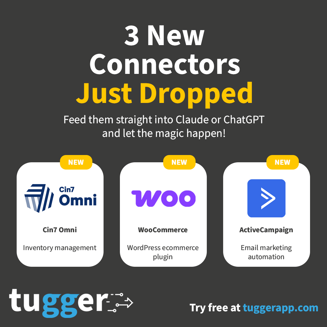 TuggerApp's tweet photo. 🤖 Ask your business data anything in plain English!

Tugger's AI Insights now works with 3 new connectors:

✅ Cin7 Omni 👉 https://t.co/SNKwqpSh1C
✅ @WooCommerce 👉 https://t.co/EBqSx1rODB
✅ @ActiveCampaign 👉 https://t.co/3wB3HQkmqE

@Cin7online
#DataAnalytics #Tugger https://t.co/04Bz0sslKe