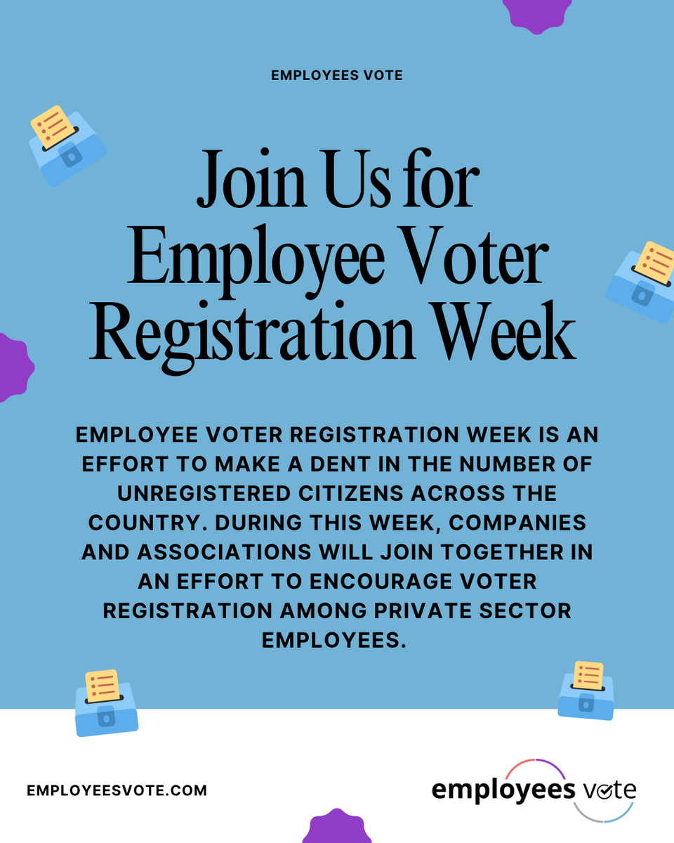 EmployeesVote's tweet photo. Supporting Employee Voter Registration Week doesn’t mean telling anyone how to vote.

It means helping employees access accurate information and important deadlines. That’s democracy at work. 🗳️

#EmployeesVote https://t.co/f0tehME2hS