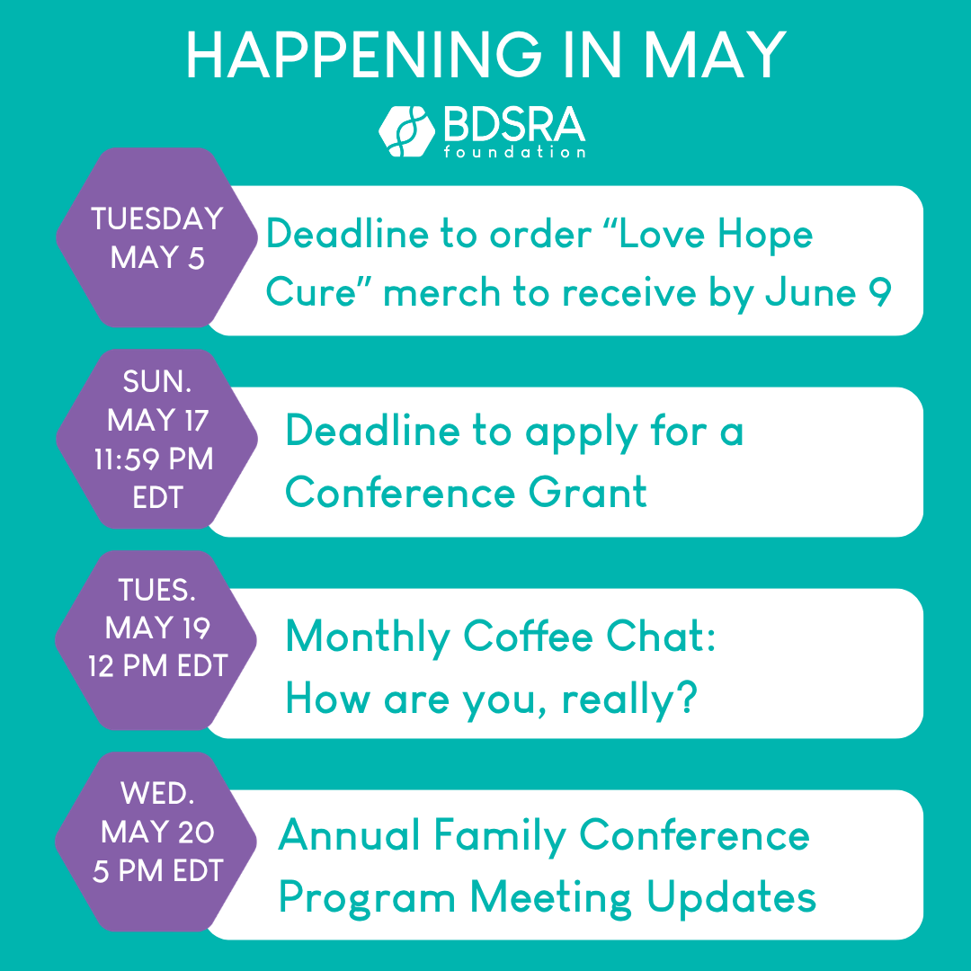 BDSRA's tweet photo. We’re looking ahead to some May flowers! Upcoming events and deadlines are blooming! 🌻🌻

Merch: https://t.co/szGEl3PRtV 
Coffee Chat: https://t.co/RVFPyqLoZe
Grants: https://t.co/8UiqOs3Xt9
Programming: https://t.co/lIpiL5eFic 

#BattenAdvocatesForACure https://t.co/DohUyOvMcv