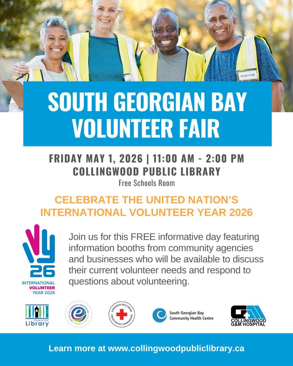 SGB_CHC's tweet image. Looking to give back to your community or explore new volunteer opportunities? 🤝

📅 Friday, May 1
🕚 11:00 AM – 2:00 PM
📍 Collingwood Public Library

🔗 Learn more: collingwoodpubliclibrary.ca

#VolunteerFair #CommunityMatters #GiveBack #VolunteerOpportunities #MakeADifference