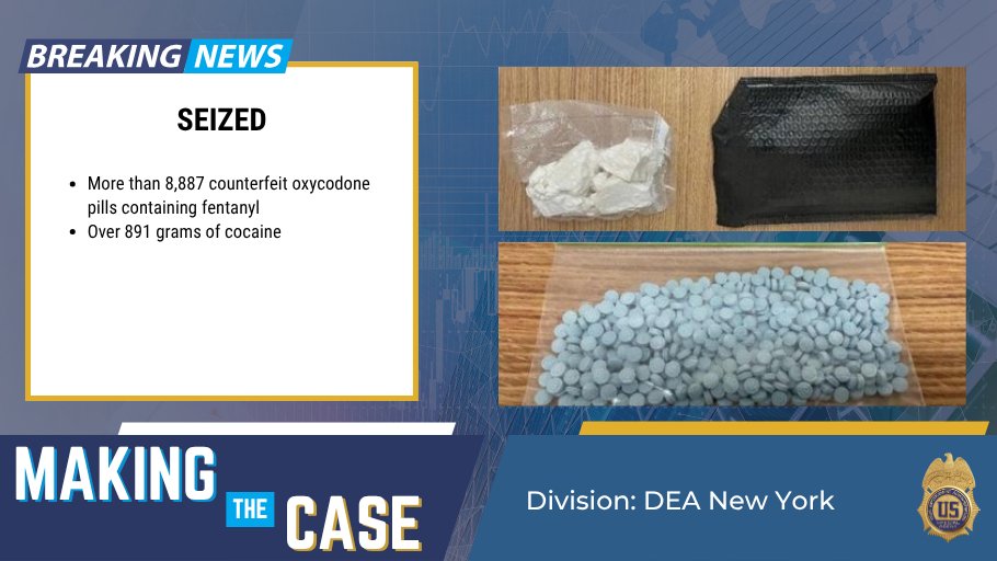 DEAHQ's tweet image. #ICYMI #MakingTheCaseMonday @DEANewYorkDiv investigation led to the seizure of more than 8,887 counterfeit oxycodone pills containing fentanyl and over 891 grams of cocaine, worth approximately $100,000. @TheJusticeDept 

Learn more: dea.gov/press-releases…