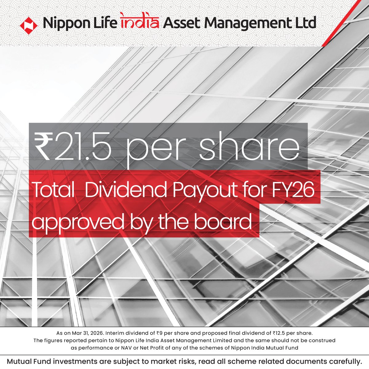 NipponIndiaMF's tweet image. Happy to share #FY26 Financial Results of NAM India.

Rs. 21.5 per share Total Dividend payout (including proposed final dividend of Rs. 12.5 per share) approved by the board.

#NipponIndiaMutualFund #Investments #MutualFunds #Saving #FinancialGoals