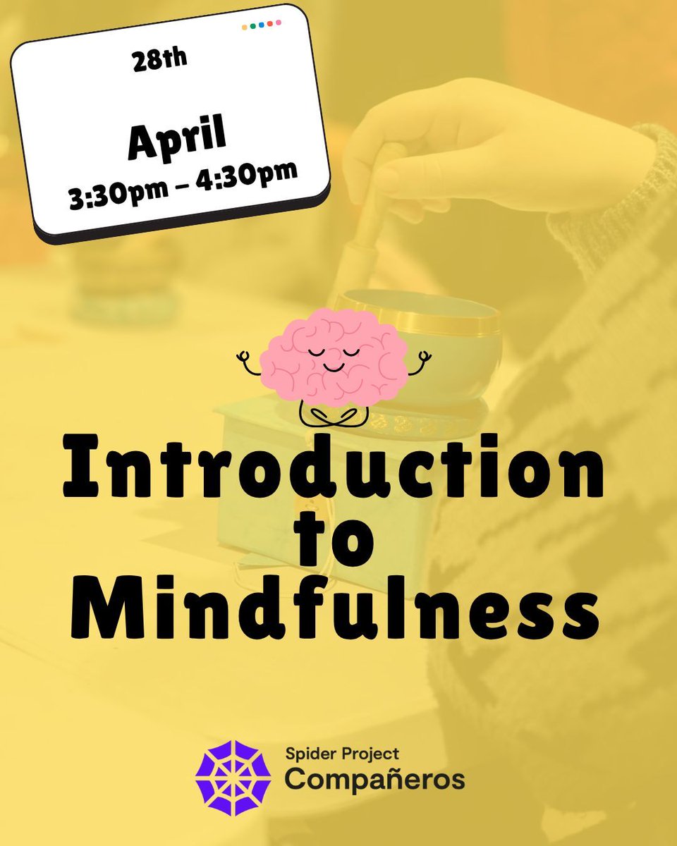 companeros_sp's tweet photo. Introduction to Mindfulness 🧠
Join us for our Introduction to Mindfulness session on the 28th April from 3:30pm - 4:30pm!
#spiderproject #wirral #uk #creativearts #recovery #mentalhealth #mentalhealthawareness #volunteering #volunteer #art #arts #community #Compañeros https://t.co/2ppuADV1Zp