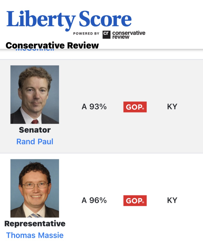 BrianHDarling's tweet photo. Great scores from Conservative Review for @SenRandPaul and @RepThomasMassie https://t.co/NYN6mGpyLI