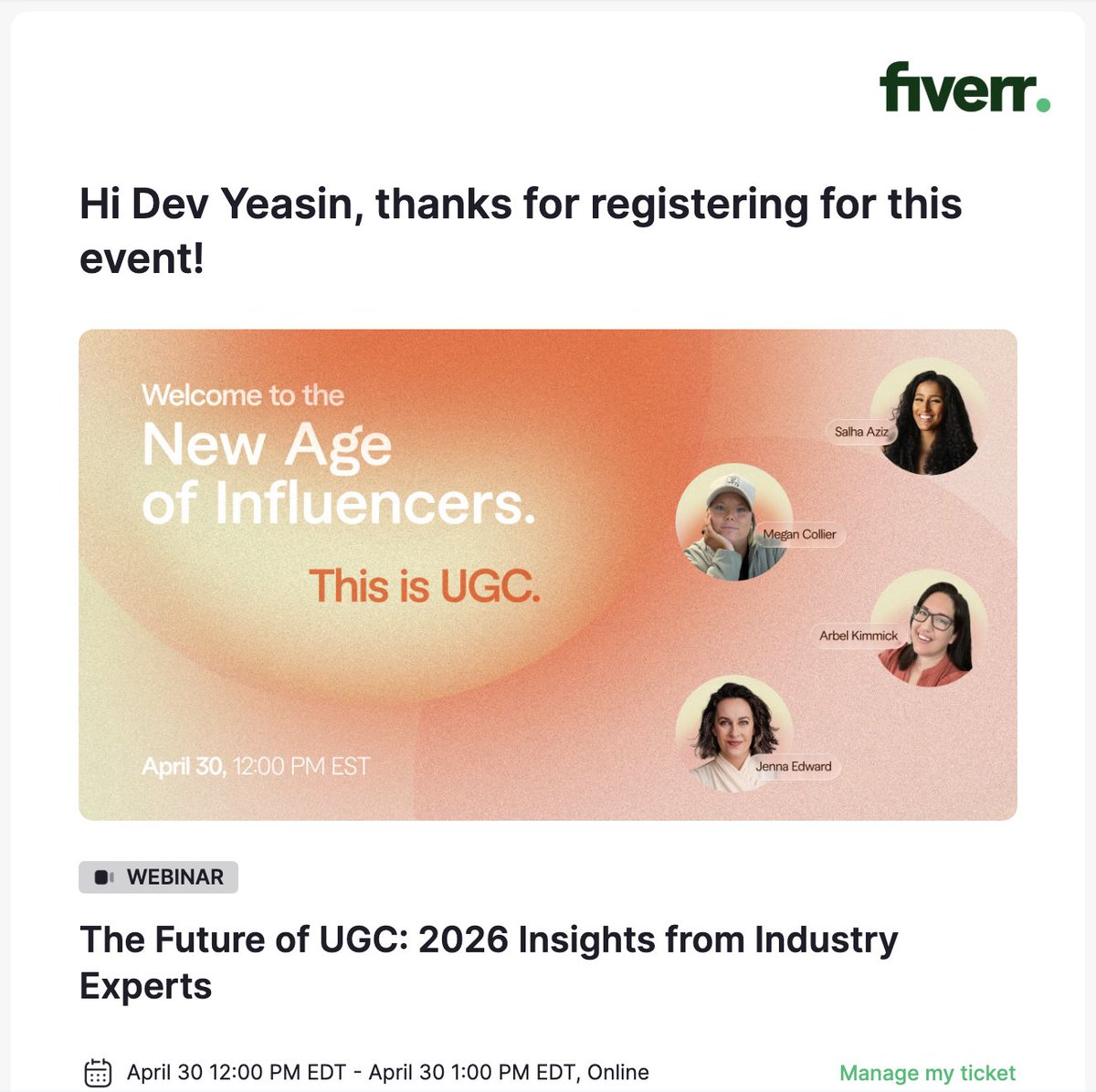 dev_yeasin24's tweet image. Excited for “The Future of UGC: 2026 Insights from Industry Experts” webinar! 🚀

UGC is growing fast, and this is a great chance to learn from top creators who have built successful six-figure businesses and worked with major brands.

#UGC #Fiverr #Webinar #Freelancing