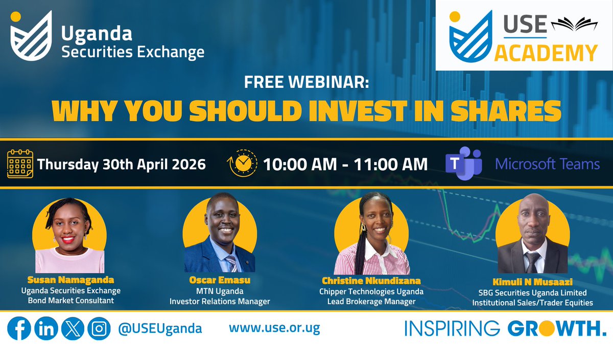 Don't miss out on the USE Academy's FREE Webinar this Thursday - Why You Should Invest in Shares

🔗 CLICK HERE TO REGISTER:
events.teams.microsoft.com/event/56706af6…

Date: 30th April 2026 | Time: 10:00 AM to 11:00 AM EAT | Microsoft Teams