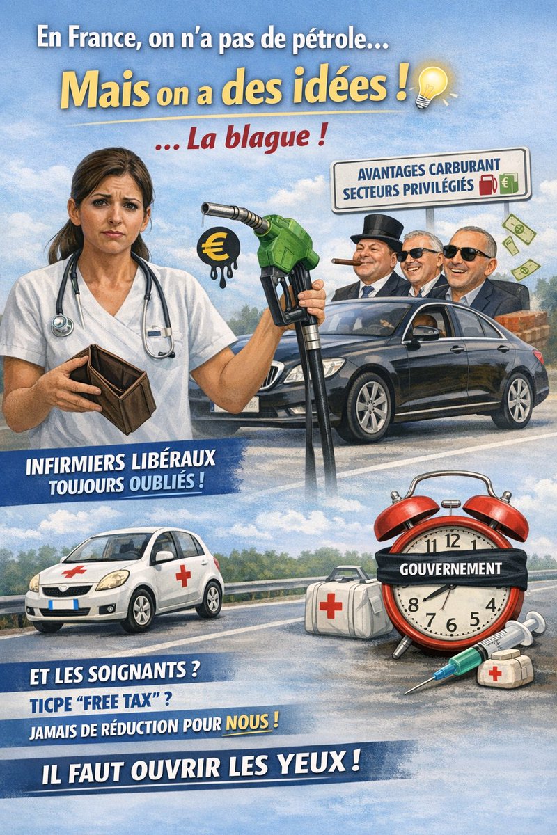 « En France, on n’a pas de pétrole, mais on a des idées... » 😂 La blague !
Encore de belles annonces "coup de poing" sur le carburant, réservées à une minorité. Les infirmiers libéraux, qui sont de vrais grands rouleurs, en sont une fois de plus exclus.
À quand un "free tax" sur