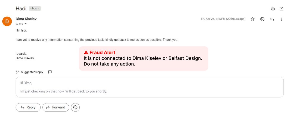 BelfastDesign's tweet photo. ⚠️ Fraud Alert. Please be aware of scam emails impersonating Dima Kiselev.

✅ LEGITIMATE emails only:
dima@kiselev.global
dima@kiselev.ua

❌ ANY OTHER EMAIL asking you to:
Buy gift cards
Make purchases
Send money
Take any action

= 100% SCAM. These have NO connection to Dima. https://t.co/K5J2eBMNkU