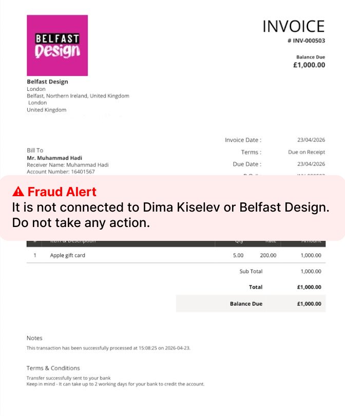 BelfastDesign's tweet photo. ⚠️ Fraud Alert. Please be aware of scam emails impersonating Dima Kiselev.

✅ LEGITIMATE emails only:
dima@kiselev.global
dima@kiselev.ua

❌ ANY OTHER EMAIL asking you to:
Buy gift cards
Make purchases
Send money
Take any action

= 100% SCAM. These have NO connection to Dima. https://t.co/K5J2eBMNkU