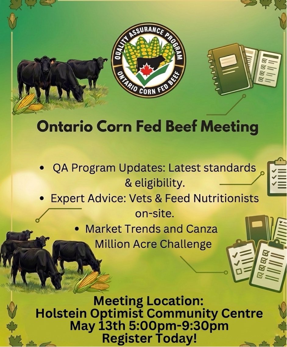 Join us for the Ontario Corn Fed Beef Meeting in Holstein! 🌽
📍 Holstein Optimist Community Centre
📅 May 13 | 5:00 PM
✅ QA Updates
✅ Expert Advice from Vets &amp; Nutritionists
✅ CANZA Insights
Register now: eventbrite.ca/e/ontario-corn…