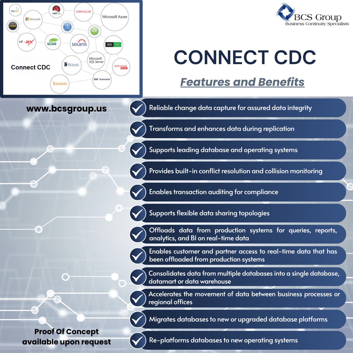 bcsgroupllc's tweet photo. With broad support of operating and database management systems, along with its flexible architecture, GUI interface, robust set of replication capabilities including over 90 transformation options, Connect CDC accommodates any Change Data Capture, ETL and data sharing need! https://t.co/Z3NQOup0El