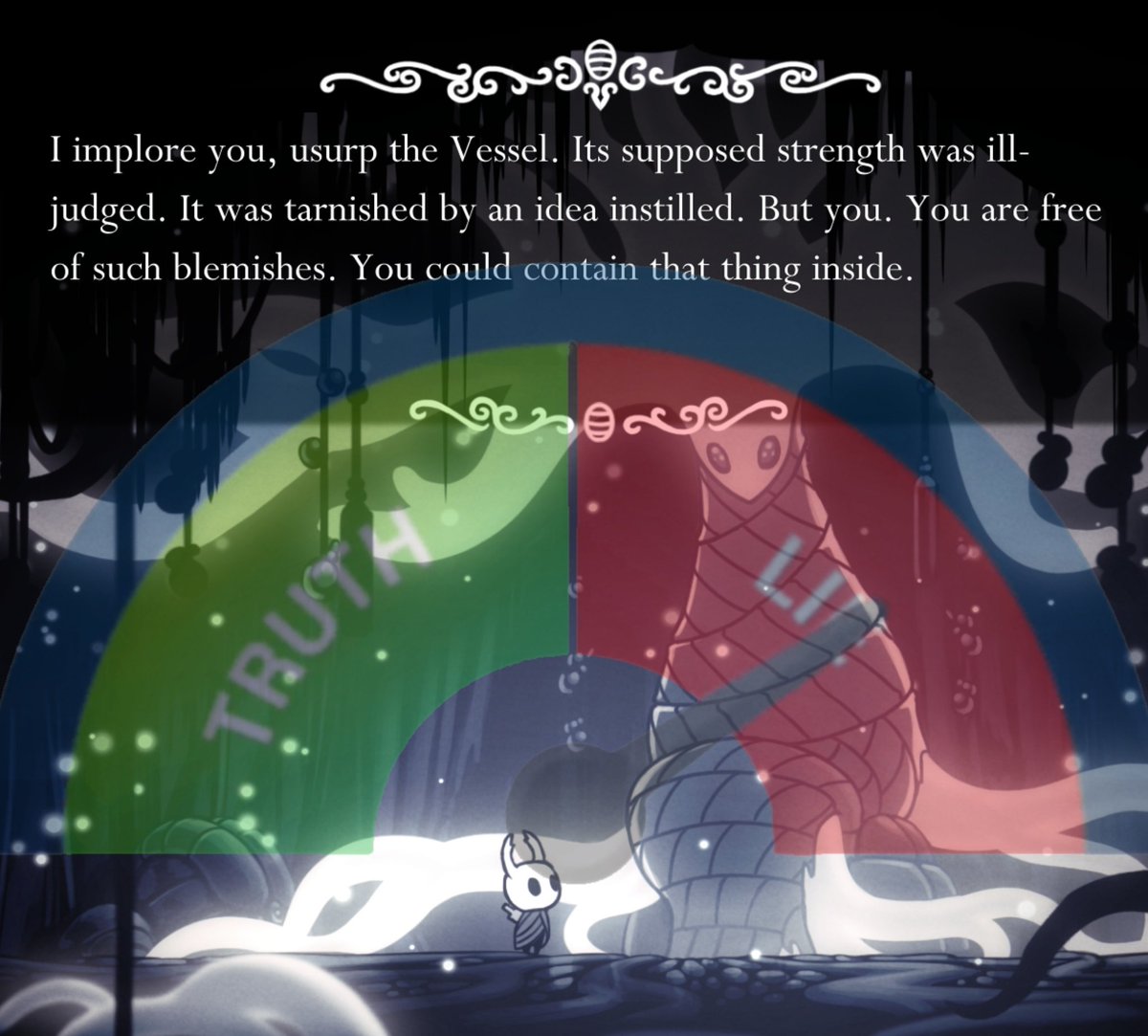 Fk_U_Radiance's tweet photo. (Theory)
//What if the Knight, at some point of the adventure, realized it wasn't hollow at all, and that becoming the new receptacle would fail just as THK  sacrifice did, so instead of containing Radiance they decided to kill her instead to solve the problem at its root? https://t.co/DOR7LgD84e