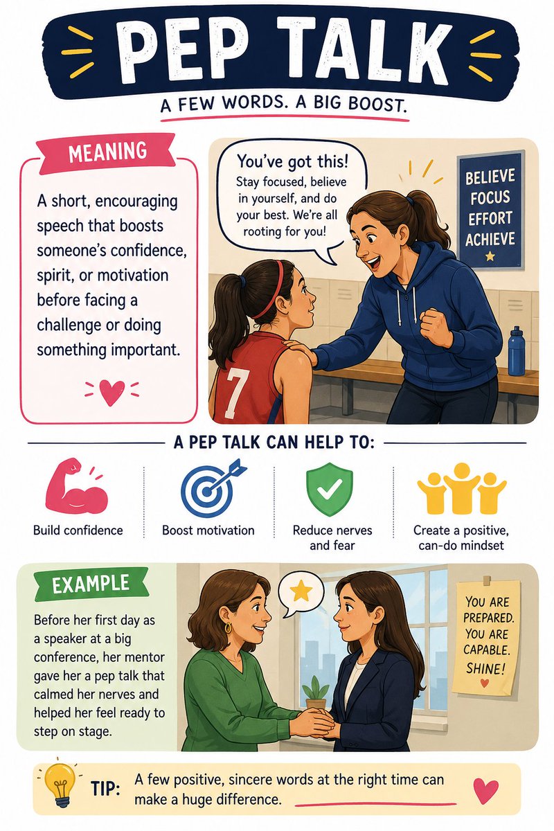 Herminio_EOI's tweet image. ✔️A pep talk

》A short speech designed to boost morale, confidence and enthusiasm.

▪︎ The coach gave the team a pep talk before they stepped onto the field.
▪︎ He needed a quick pep talk to calm his nerves before the presentation.

#TEFL #Learning #English #vocabulary